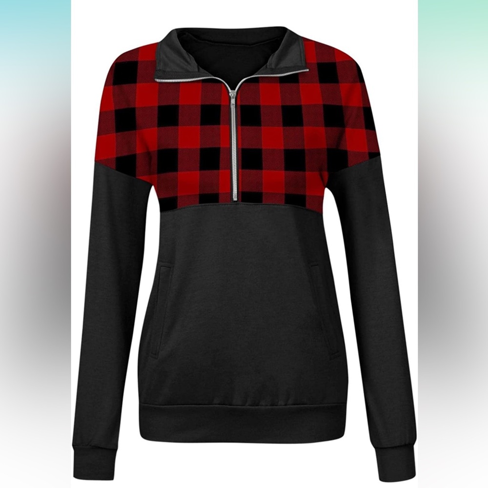 Red and black plaid pullover, zip up sweater